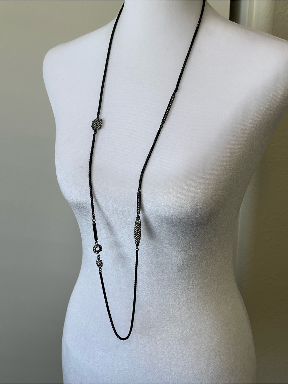 Chico's Black Gunmetal Rhinestone Station Strand Long Necklace 42”